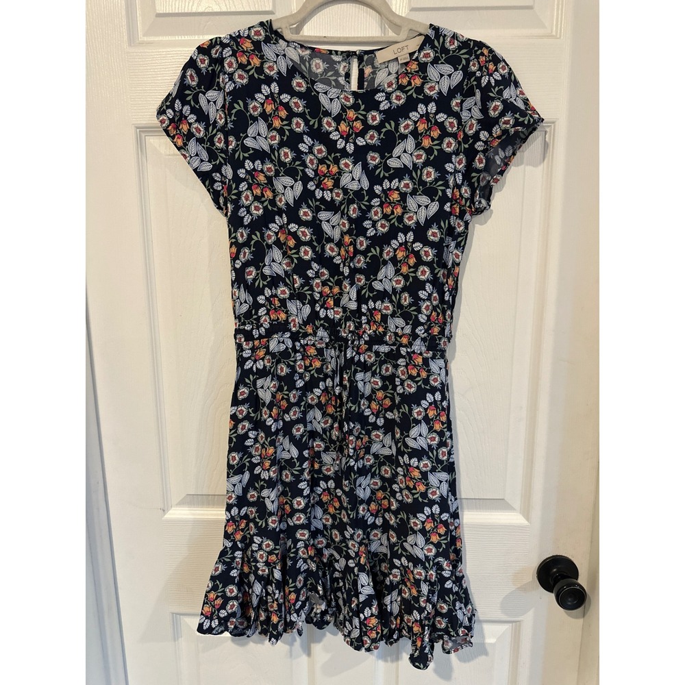 LOFT Petites Navy Blue Floral Ruffle Hem Fit and Flare Dress SP
